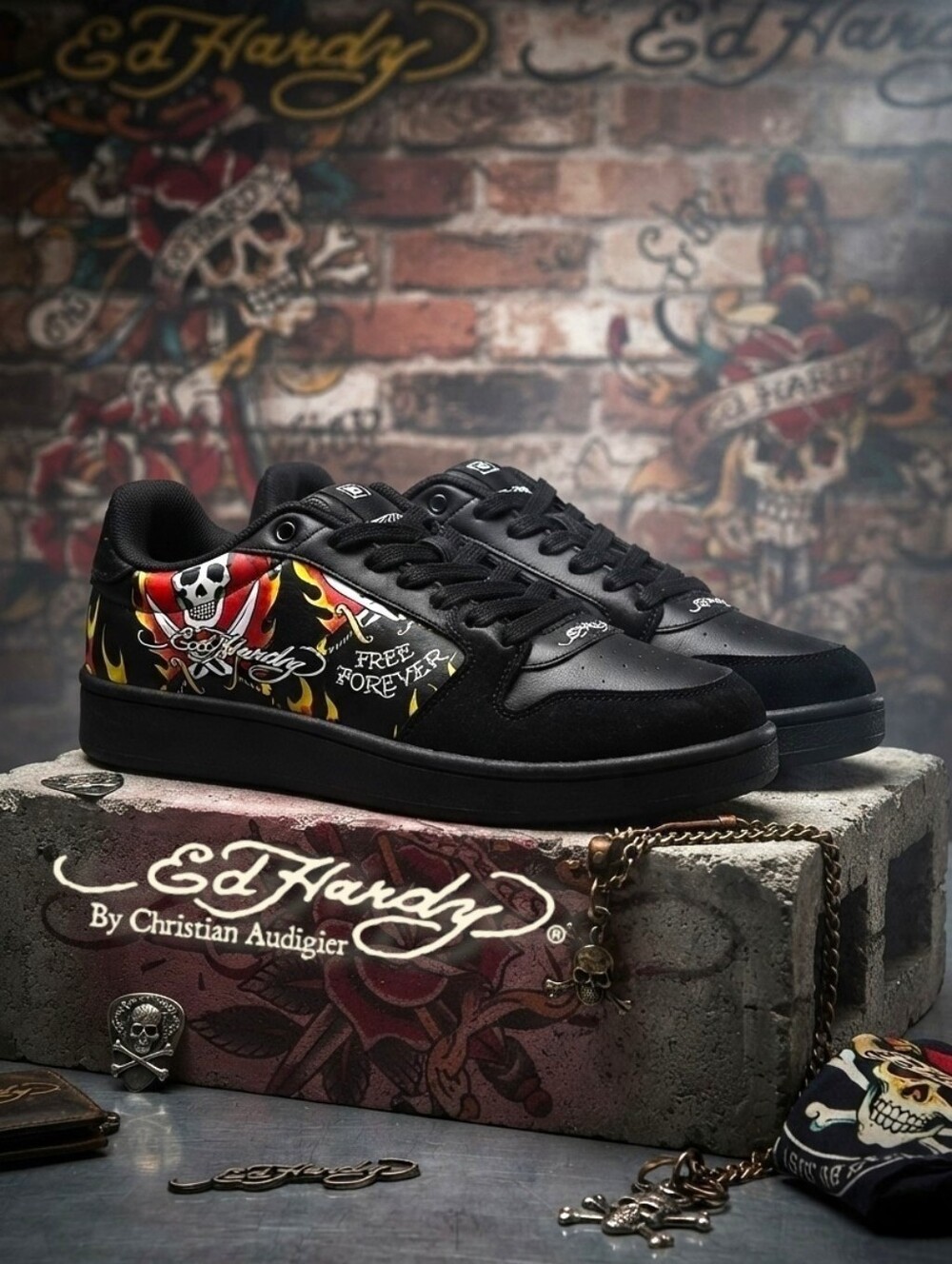 ED HARDY FREE FOREVER SKULL FLAME BLACK SNEAKERS MEN’S 9.5 NWT